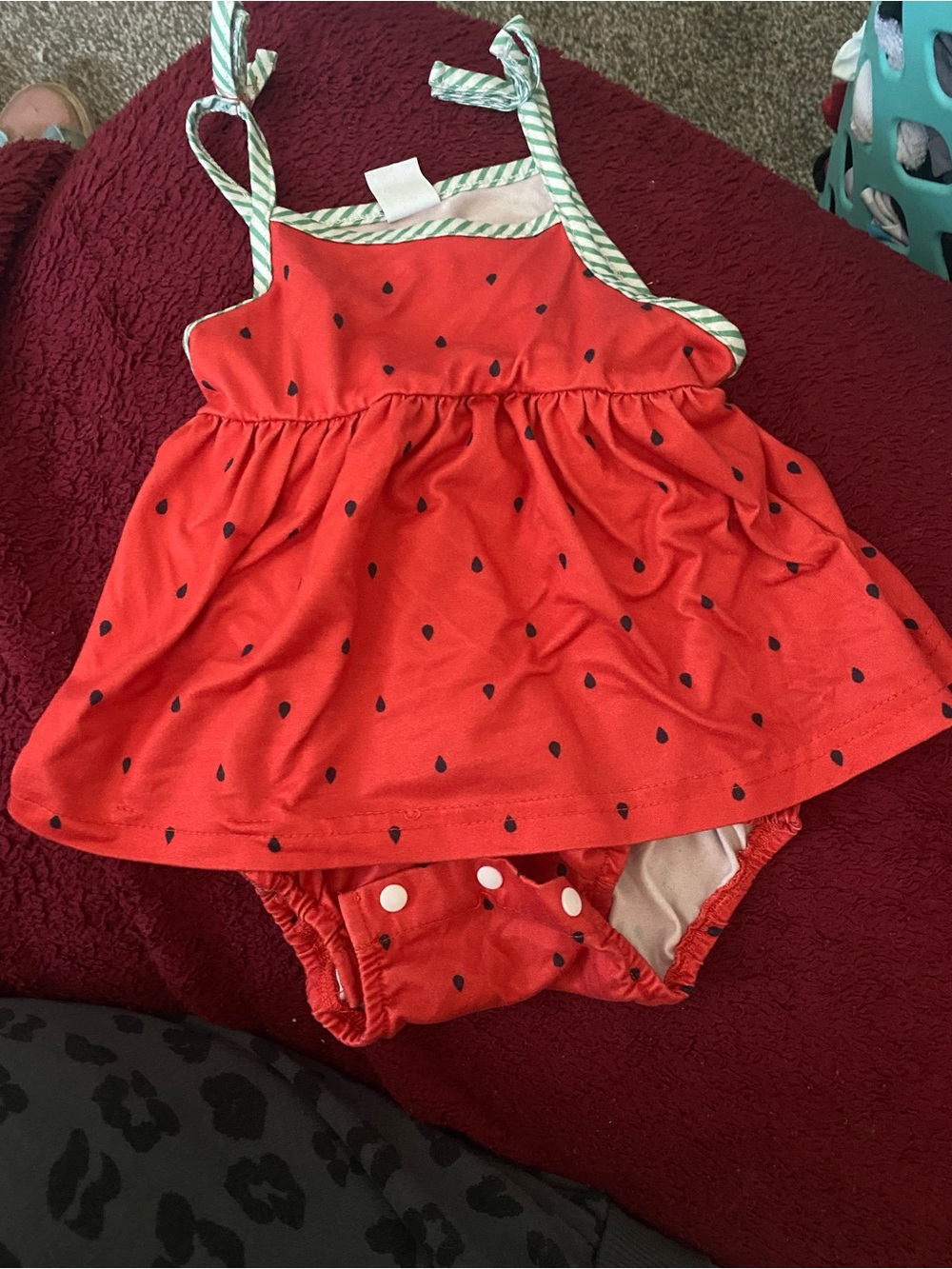 SHEIN Red Watermelon Print Girls Tie-Strap Tankini with Green Trim
